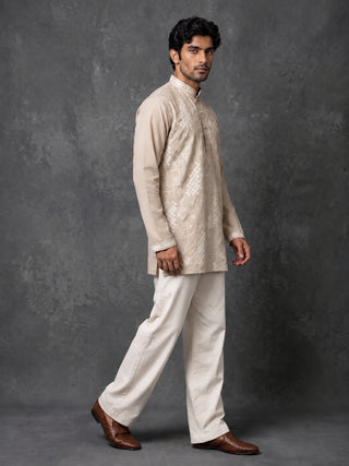 Cotton Geometric Embroidered Short Kurta with Korean Pants