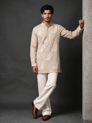 Cotton Geometric Embroidered Short Kurta with Korean Pants