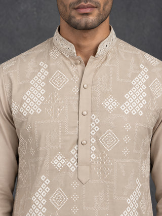Cotton Geometric Embroidered Short Kurta with Korean Pants