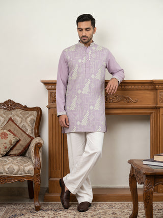 Cotton Geometric Embroidered Short Kurta with Korean Pants