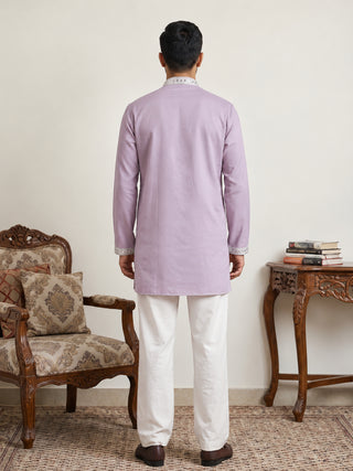 Cotton Geometric Embroidered Short Kurta with Korean Pants