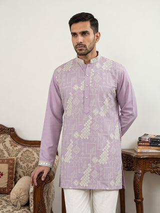 Cotton Geometric Embroidered Short Kurta with Korean Pants