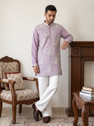 Cotton Geometric Embroidered Short Kurta with Korean Pants