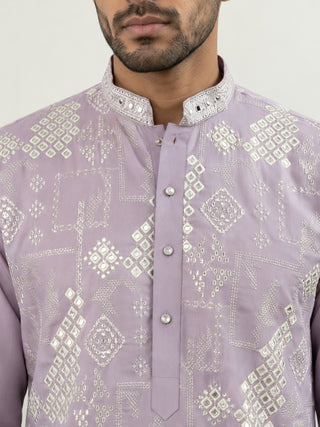 Cotton Geometric Embroidered Short Kurta with Korean Pants
