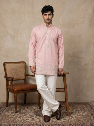 Cotton Geometric Embroidered Short Kurta with Korean Pants
