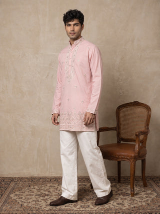 Cotton Geometric Embroidered Short Kurta with Korean Pants