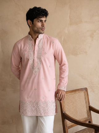 Cotton Geometric Embroidered Short Kurta with Korean Pants