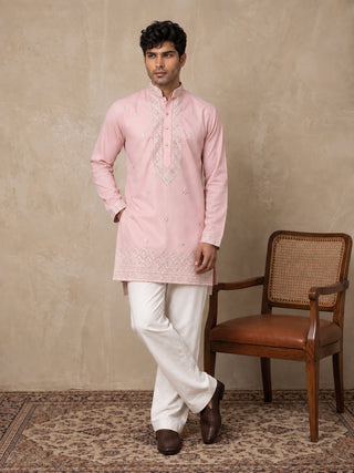 Cotton Geometric Embroidered Short Kurta with Korean Pants