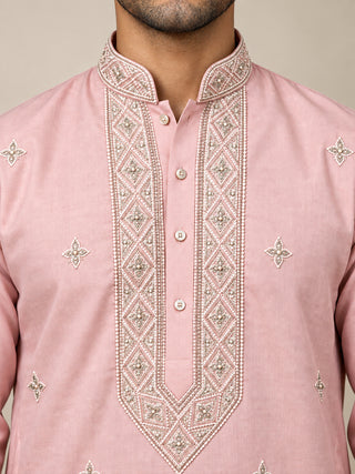 Cotton Geometric Embroidered Short Kurta with Korean Pants