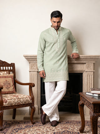 Cotton Geometric Embroidered Short Kurta with Korean Pants