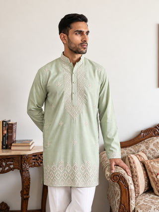 Cotton Geometric Embroidered Short Kurta with Korean Pants