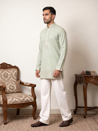Cotton Geometric Embroidered Short Kurta with Korean Pants