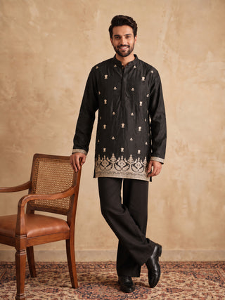 Embroidered Silk Blend Short Kurta with Korean Pants