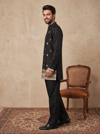 Embroidered Silk Blend Short Kurta with Korean Pants