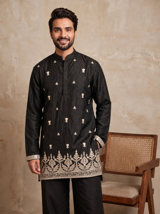 Embroidered Silk Blend Short Kurta with Korean Pants