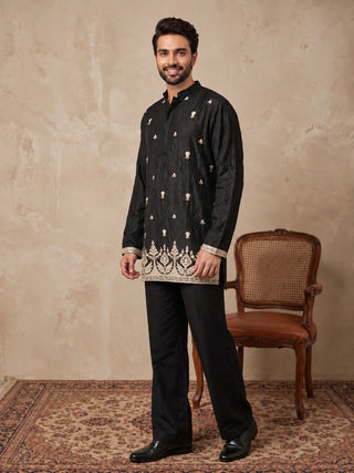 Embroidered Silk Blend Short Kurta with Korean Pants