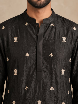 Embroidered Silk Blend Short Kurta with Korean Pants