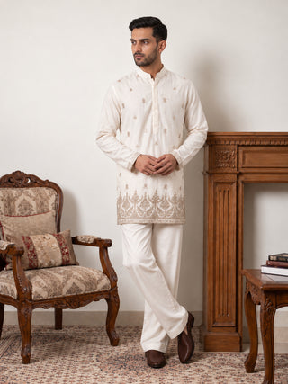 Embroidered Silk Blend Short Kurta with Korean Pants