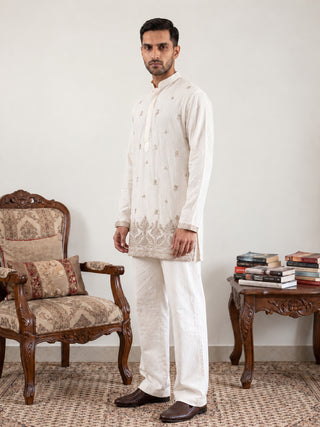 Embroidered Silk Blend Short Kurta with Korean Pants