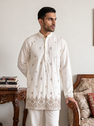Embroidered Silk Blend Short Kurta with Korean Pants