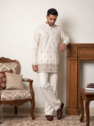 Embroidered Silk Blend Short Kurta with Korean Pants