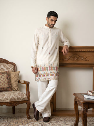 Silk Blend Embroidered Short Kurta with Korean Pants