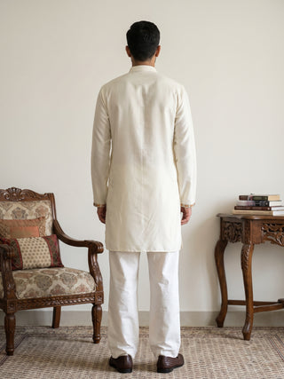 Silk Blend Embroidered Short Kurta with Korean Pants