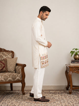Silk Blend Embroidered Short Kurta with Korean Pants