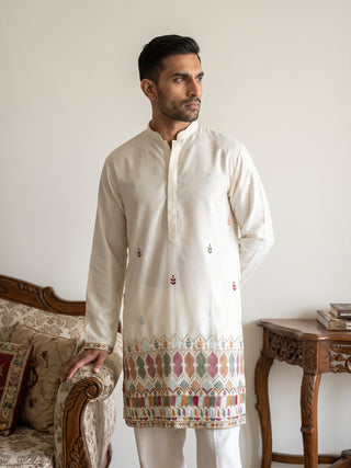 Silk Blend Embroidered Short Kurta with Korean Pants