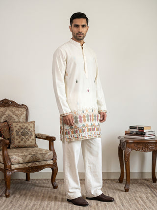 Silk Blend Embroidered Short Kurta with Korean Pants
