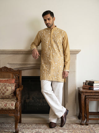 Floral Embroidered Silk Blend Short Kurta with Korean Pants