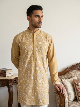 Floral Embroidered Silk Blend Short Kurta with Korean Pants