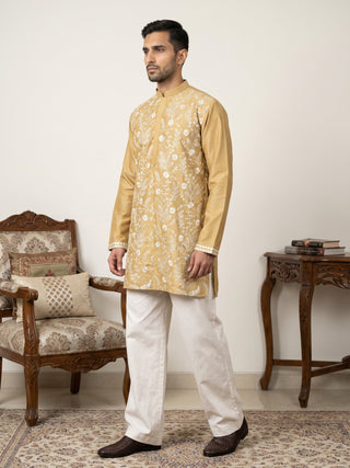 Floral Embroidered Silk Blend Short Kurta with Korean Pants