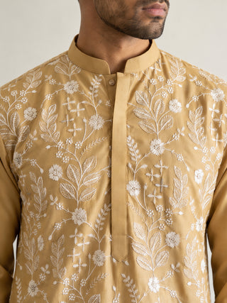 Floral Embroidered Silk Blend Short Kurta with Korean Pants