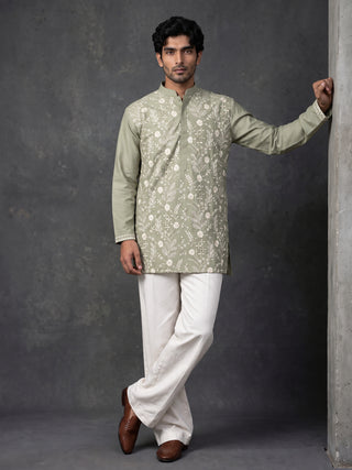Floral Embroidered Silk Blend Short Kurta with Korean Pants