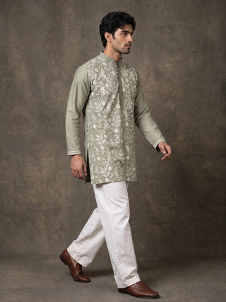 Floral Embroidered Silk Blend Short Kurta with Korean Pants