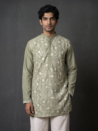Floral Embroidered Silk Blend Short Kurta with Korean Pants