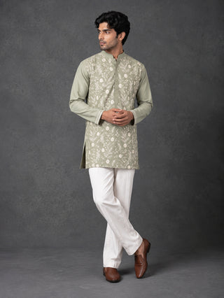 Floral Embroidered Silk Blend Short Kurta with Korean Pants