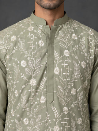 Floral Embroidered Silk Blend Short Kurta with Korean Pants