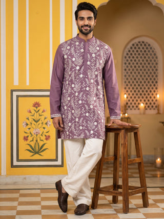 Floral Embroidered Silk Blend Short Kurta with Korean Pants