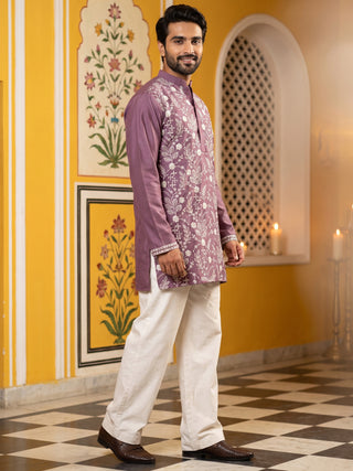 Floral Embroidered Silk Blend Short Kurta with Korean Pants