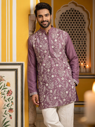 Floral Embroidered Silk Blend Short Kurta with Korean Pants