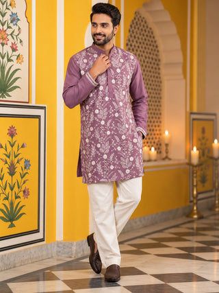 Floral Embroidered Silk Blend Short Kurta with Korean Pants
