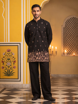 Cotton Blend Floral Embroidered Short Kurta