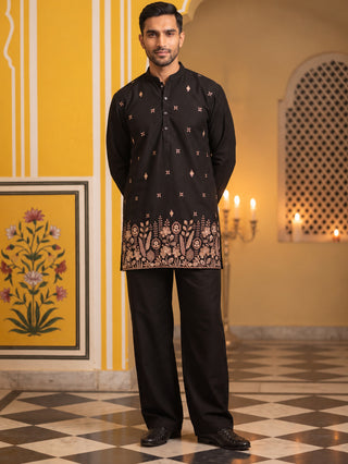 Cotton Blend Floral Embroidered Short Kurta With Korean Pant