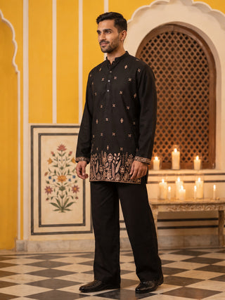Cotton Blend Floral Embroidered Short Kurta