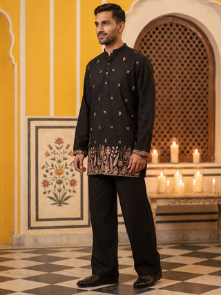 Cotton Blend Floral Embroidered Short Kurta With Korean Pant