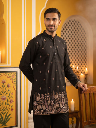 Cotton Blend Floral Embroidered Short Kurta