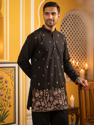 Cotton Blend Floral Embroidered Short Kurta With Korean Pant