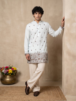 Cotton Blend Floral Embroidered Short Kurta
